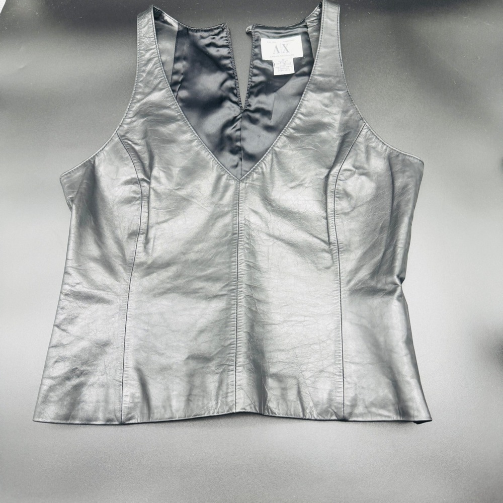 Vintage Armani Exchange Top Womens Medium Black Leather V Neck Sleeveless Zipper